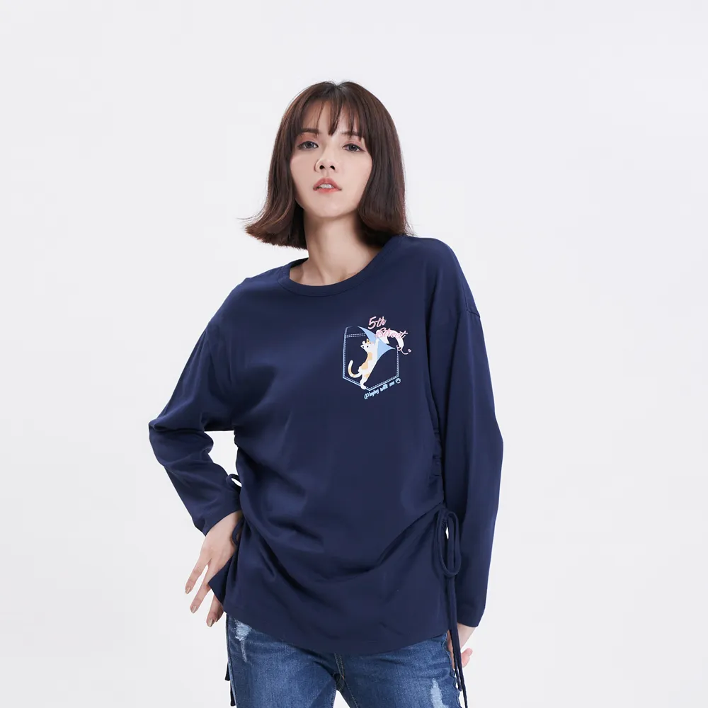 【5th STREET】雙11 女裝 貓咪印花綁帶長袖T恤(丈青)