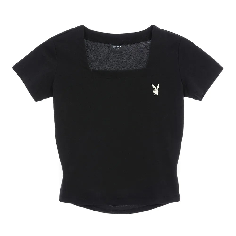 【PLAYBOY】方領後露腰短版T-SHIRT(黑色)