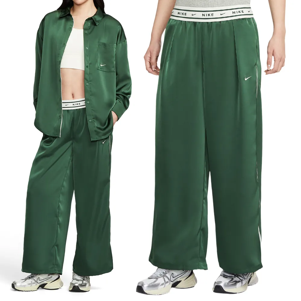 【NIKE 耐吉】AS W Nsw Offln Wvn Stn Pant 女款 綠色 寬鬆 中腰 緞面 長褲 IH1327-323