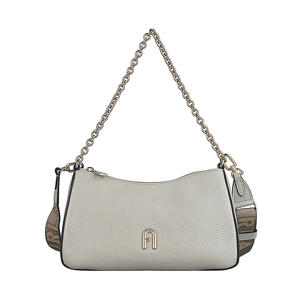 【FURLA 芙拉】FURLA PRIMULA經典拱門壓印金字LOGO粒面紋牛皮拉鍊手提斜背包(迷你/大理石灰)