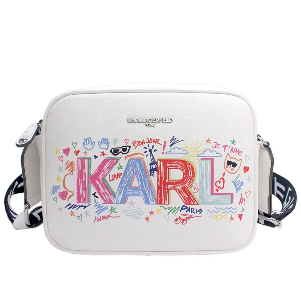 【KARL LAGERFELD 卡爾】KARL字母彩繪塗鴉防刮皮革相機斜背包(白)