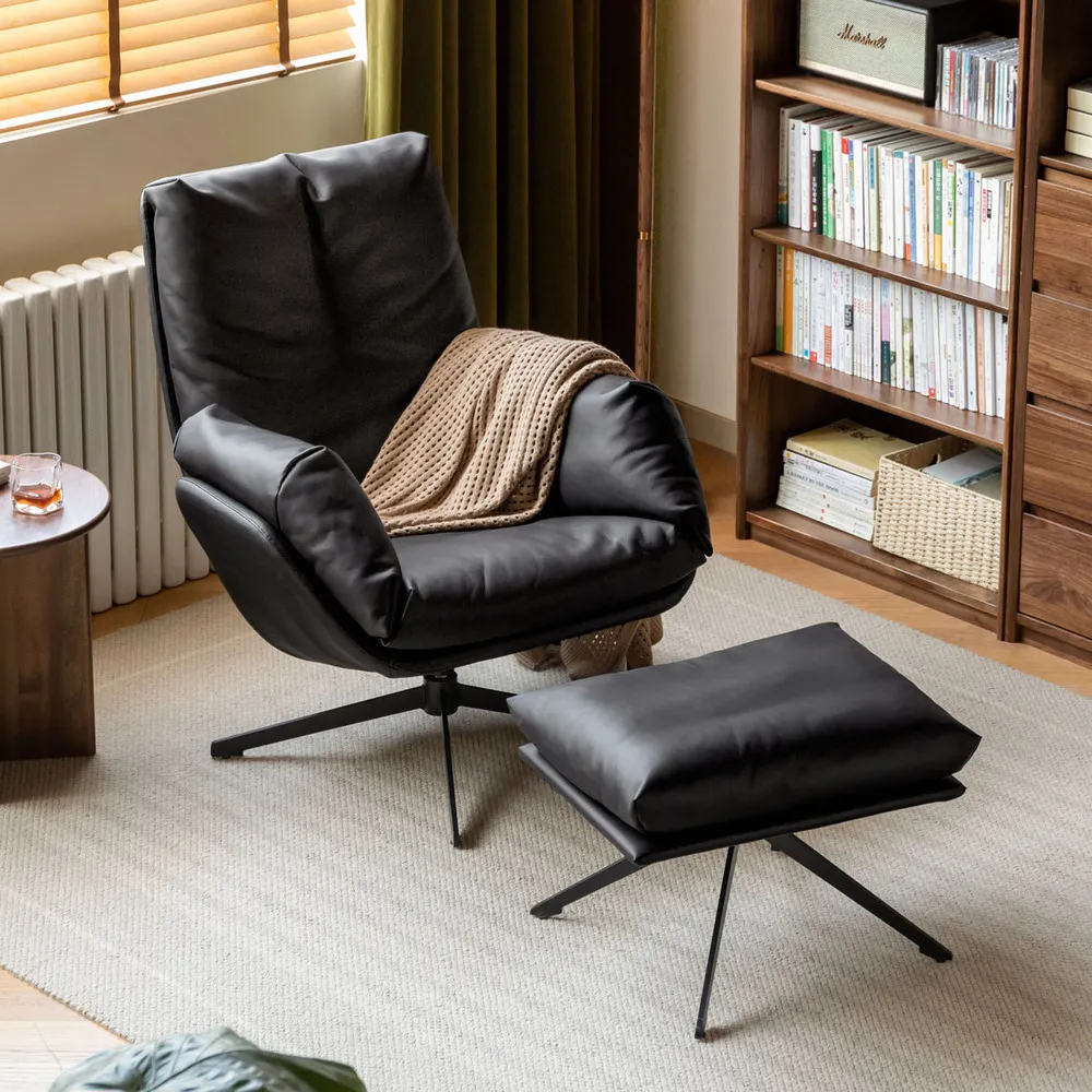 【hoi! 好好生活】特別訂購★YW艾諾羽絨有機皮旋轉單人沙發椅0.83M(含腳凳) 黑色 S03117