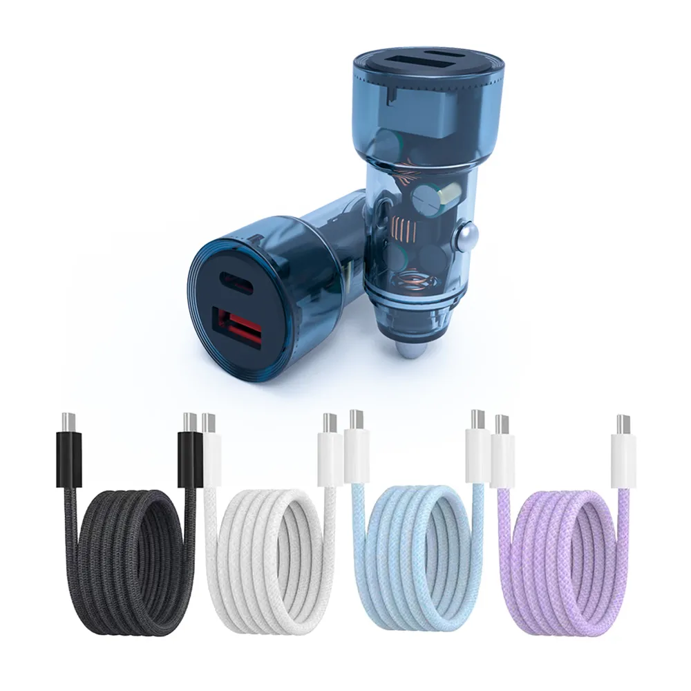 【KooPin】極速60W 雙孔PD+QC 工業風 車用充電器+雙頭Type-C E-marker晶片 快充線(1.2M)