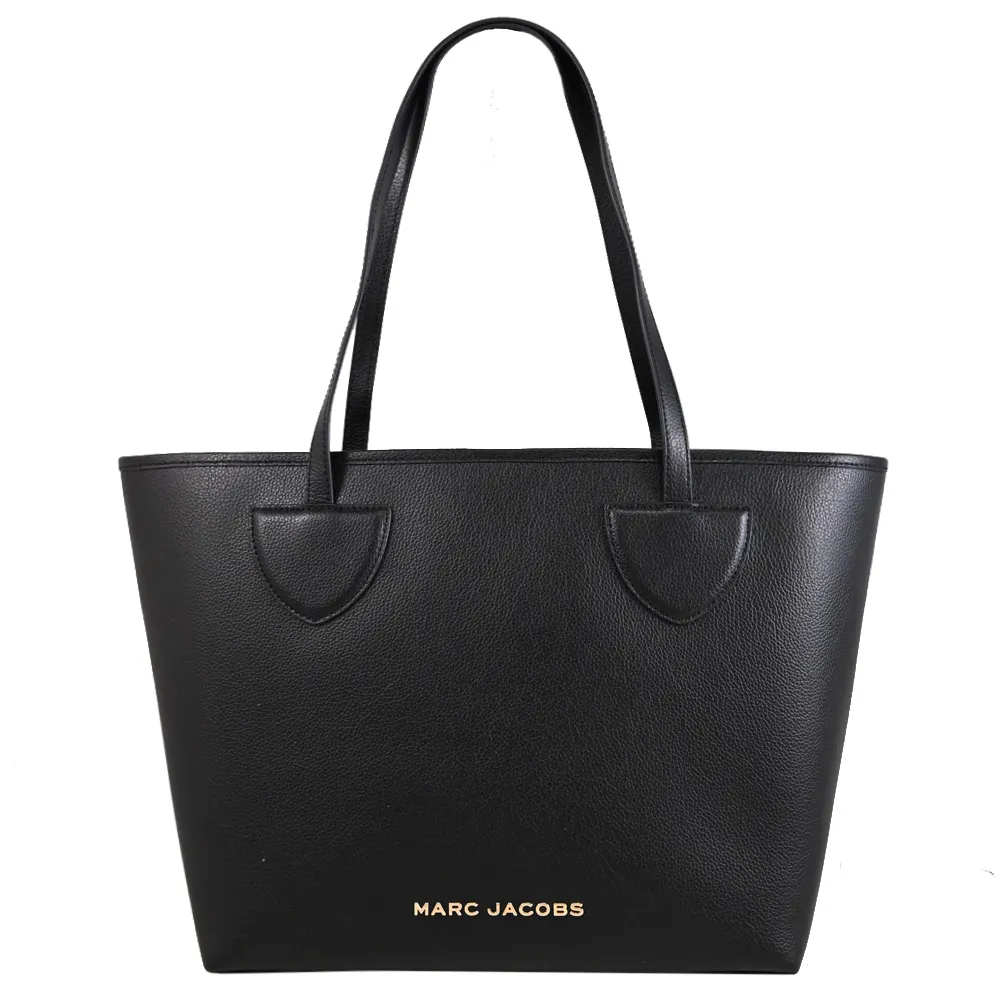 【MARC JACOBS】簡約金屬LOGO荔枝皮革肩背托特包購物包(黑)