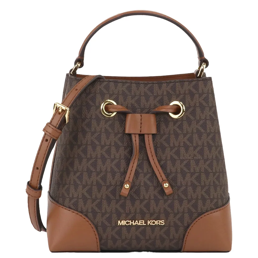 【Michael Kors】滿版LOGO拼接皮革水桶包