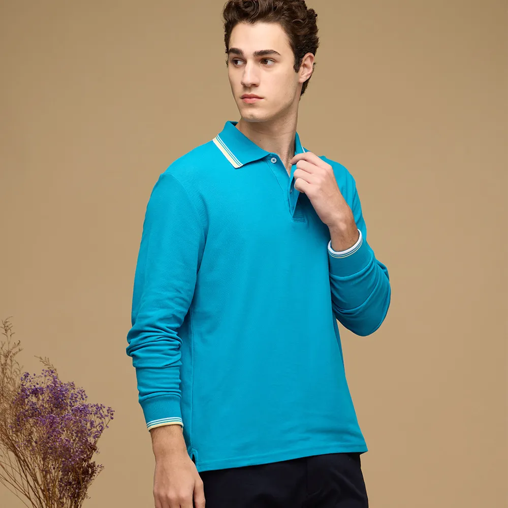 【NAUTICA】官方旗艦 男裝 跳色線條領口長袖POLO衫(藍色)