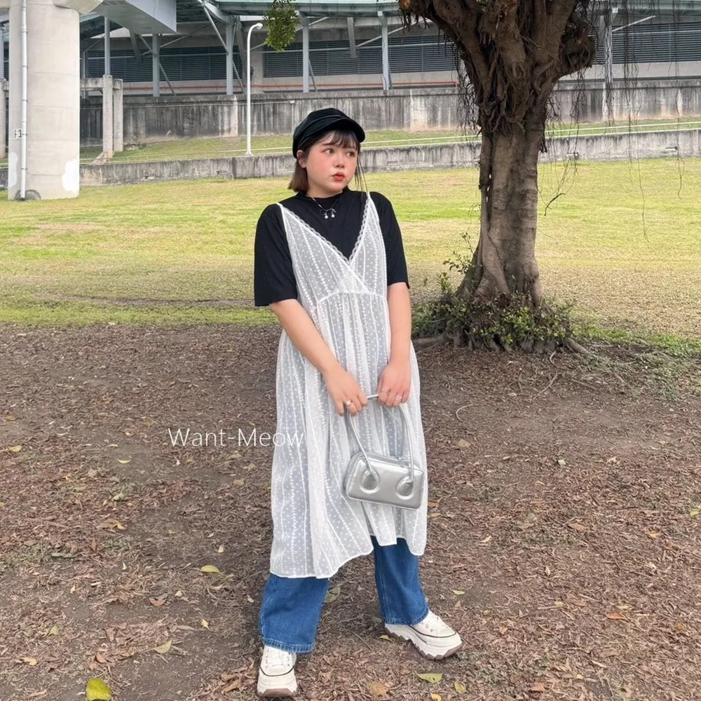 【Want-Meow】100公斤可穿/日系吊帶長版蕾絲長版背心/中大尺碼背心/大尺碼背心/罩衫(大碼/大尺碼/加大碼)