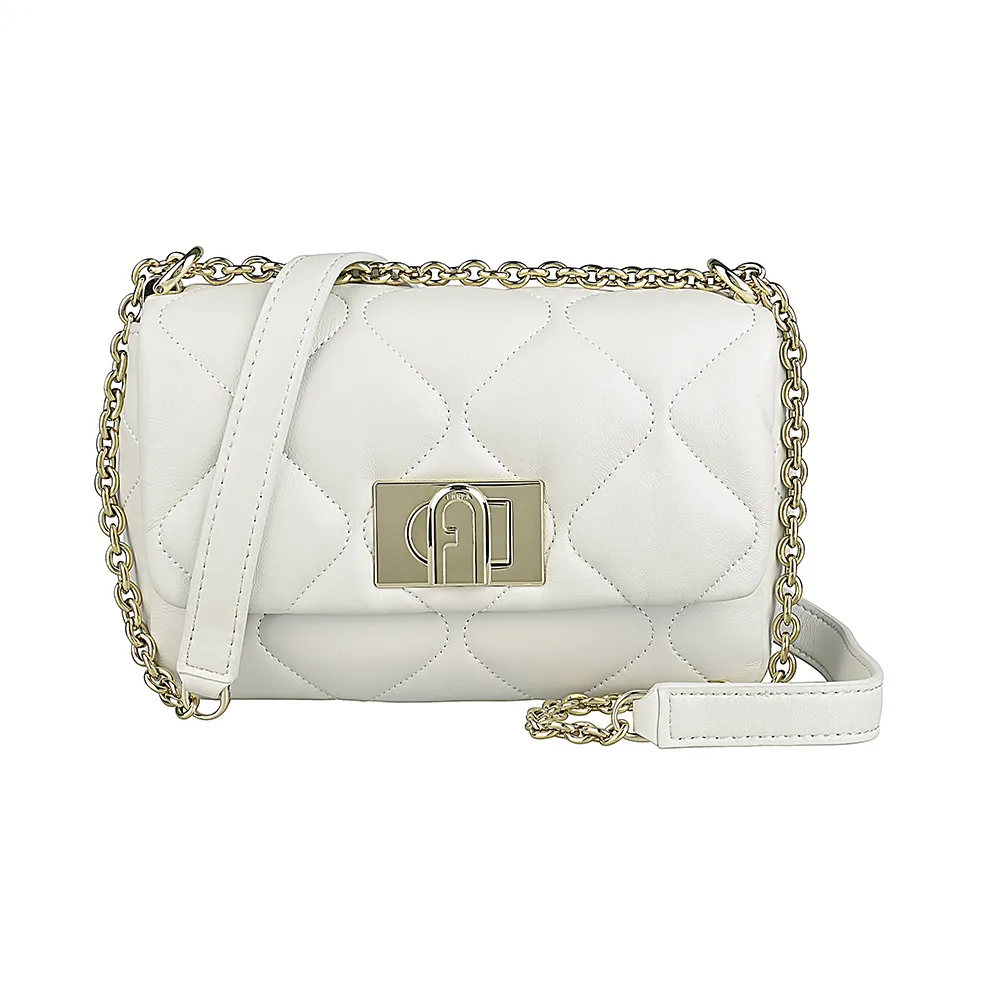 【FURLA 芙拉】FURLA 1927雙F字LOGO小羊皮菱格絎縫設計旋轉釦式肩背/斜背包(迷你/棉花糖白)