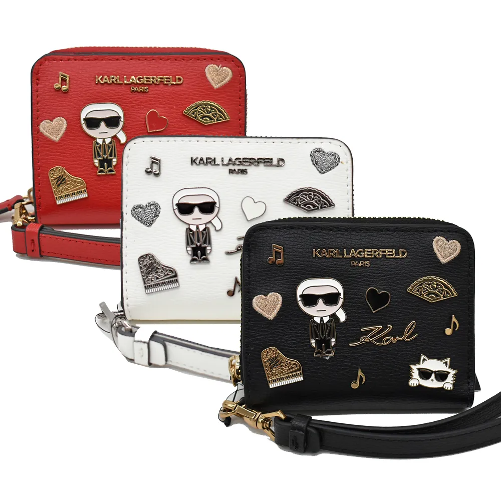 【KARL LAGERFELD 卡爾】卡爾老佛爺人像貓咪對開零錢袋短夾(附掛手袋)