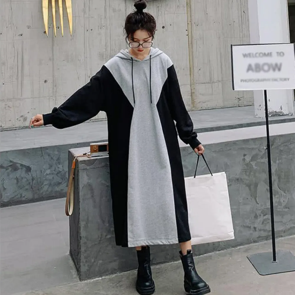 【Amay Style 艾美時尚】現貨 中大尺碼女裝 連身裙 休閒連帽時尚拼色長版洋裝。M-4XL(拼色)