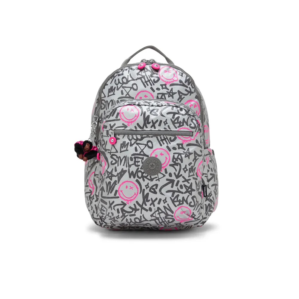 【KIPLING】『首爾包』KIPLING | SMILEYWORLD 銀色微笑印花機能手提後背包-SEOUL LAP 女包