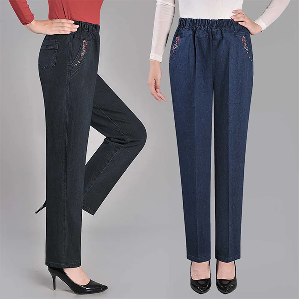 【K.W.】現貨春季新品高彈力刺繡直筒垂順牛仔褲(共2色)