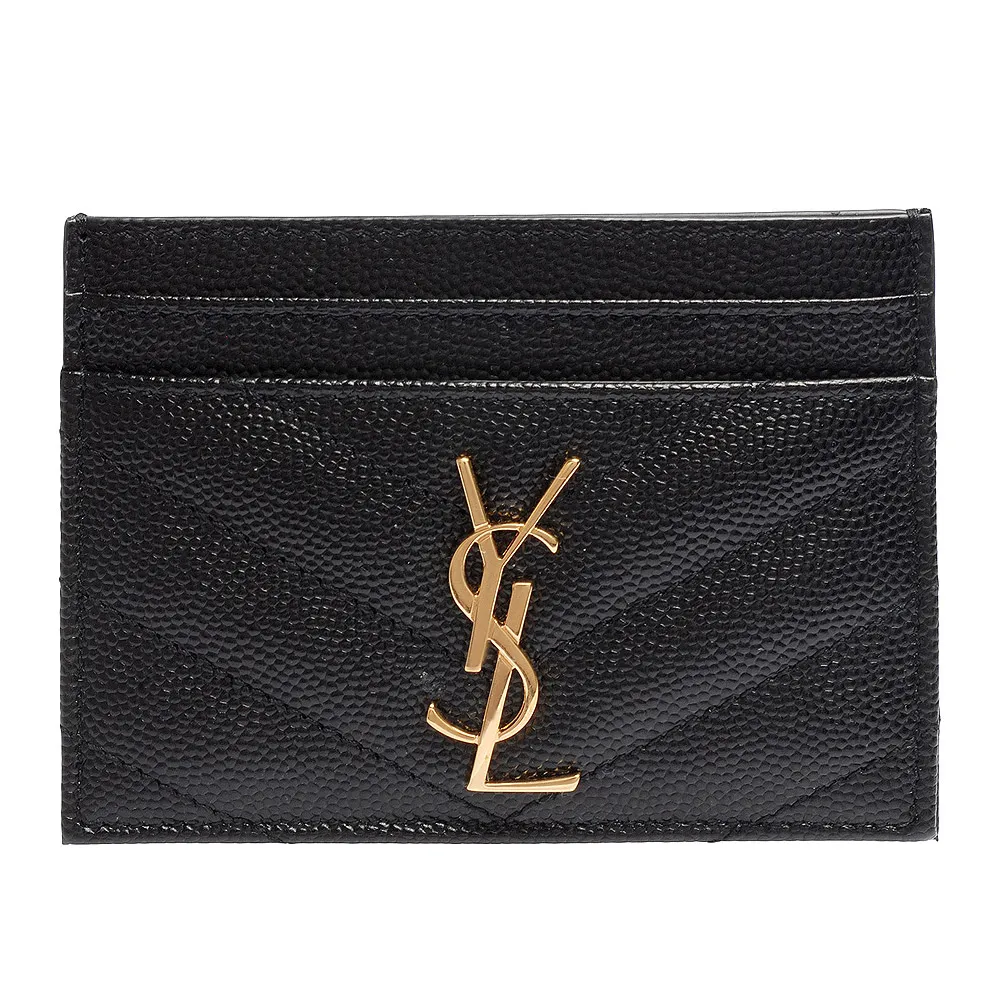 【YSL】MONOGRAM系列V字縫線魚子醬牛皮金屬LOGO萬用票卡/證件名片夾(黑423291-BOW01-1000)