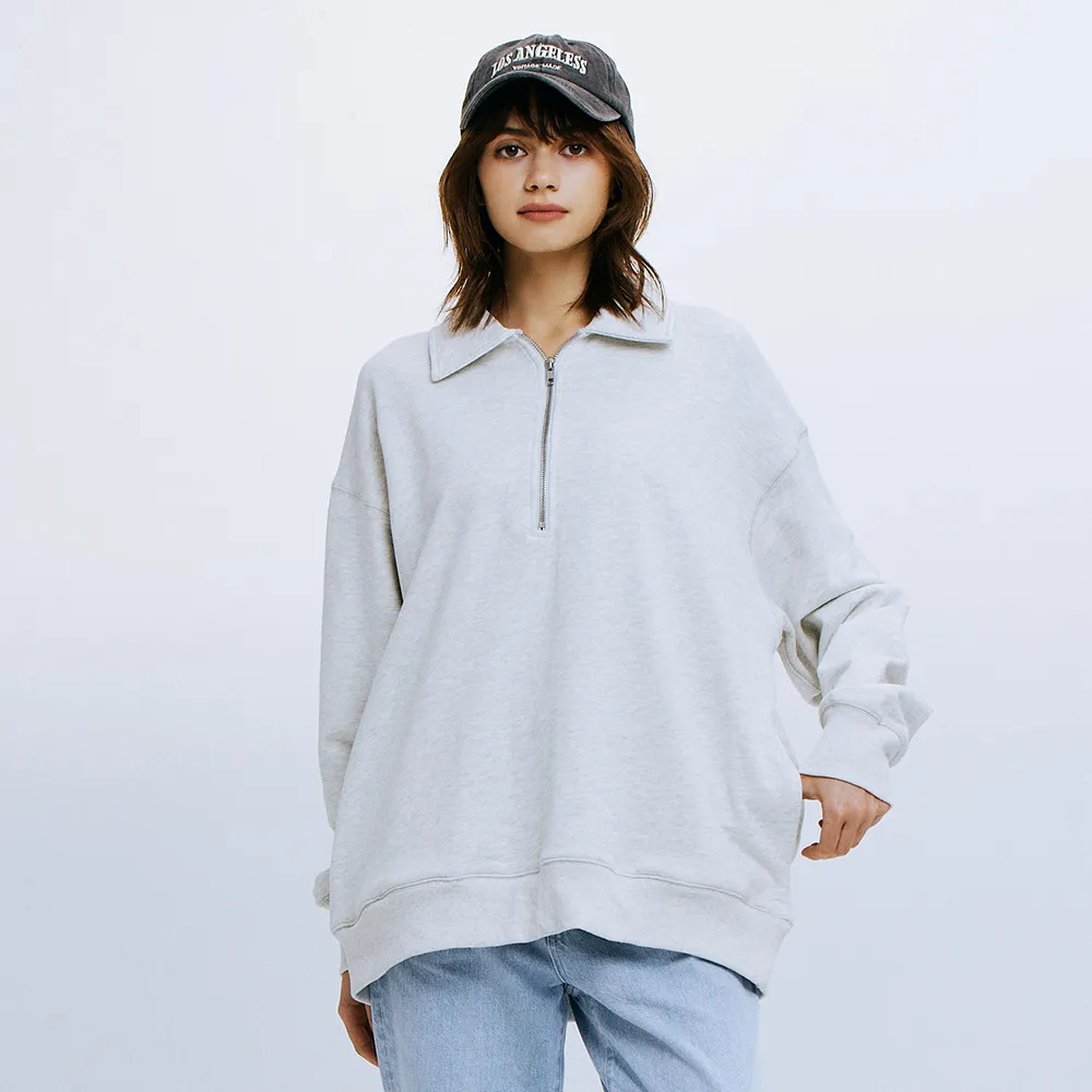 【BRAPPERS】女款 半拉鍊翻領長袖T(花灰)