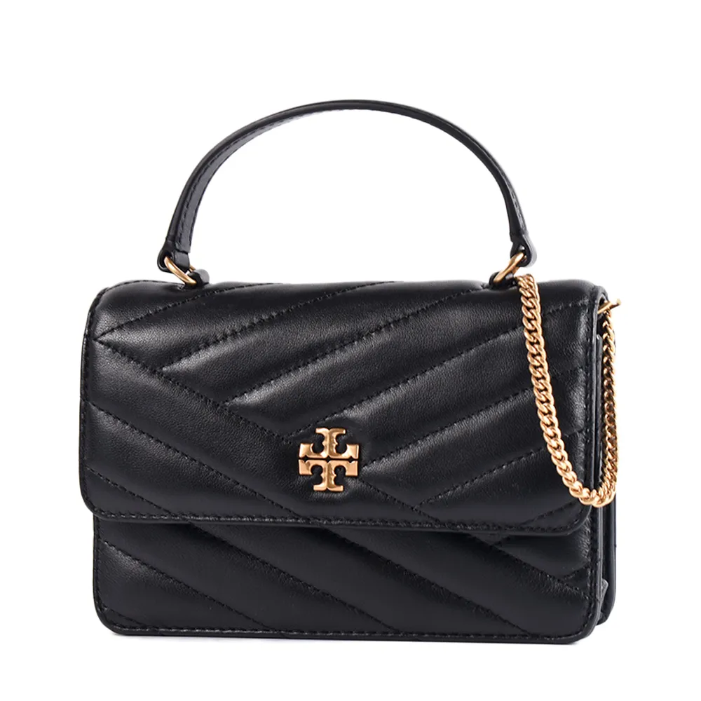 【TORY BURCH】專櫃款 KIRA 絎縫V字翻蓋手提/斜背二用包-黑色/迷你款