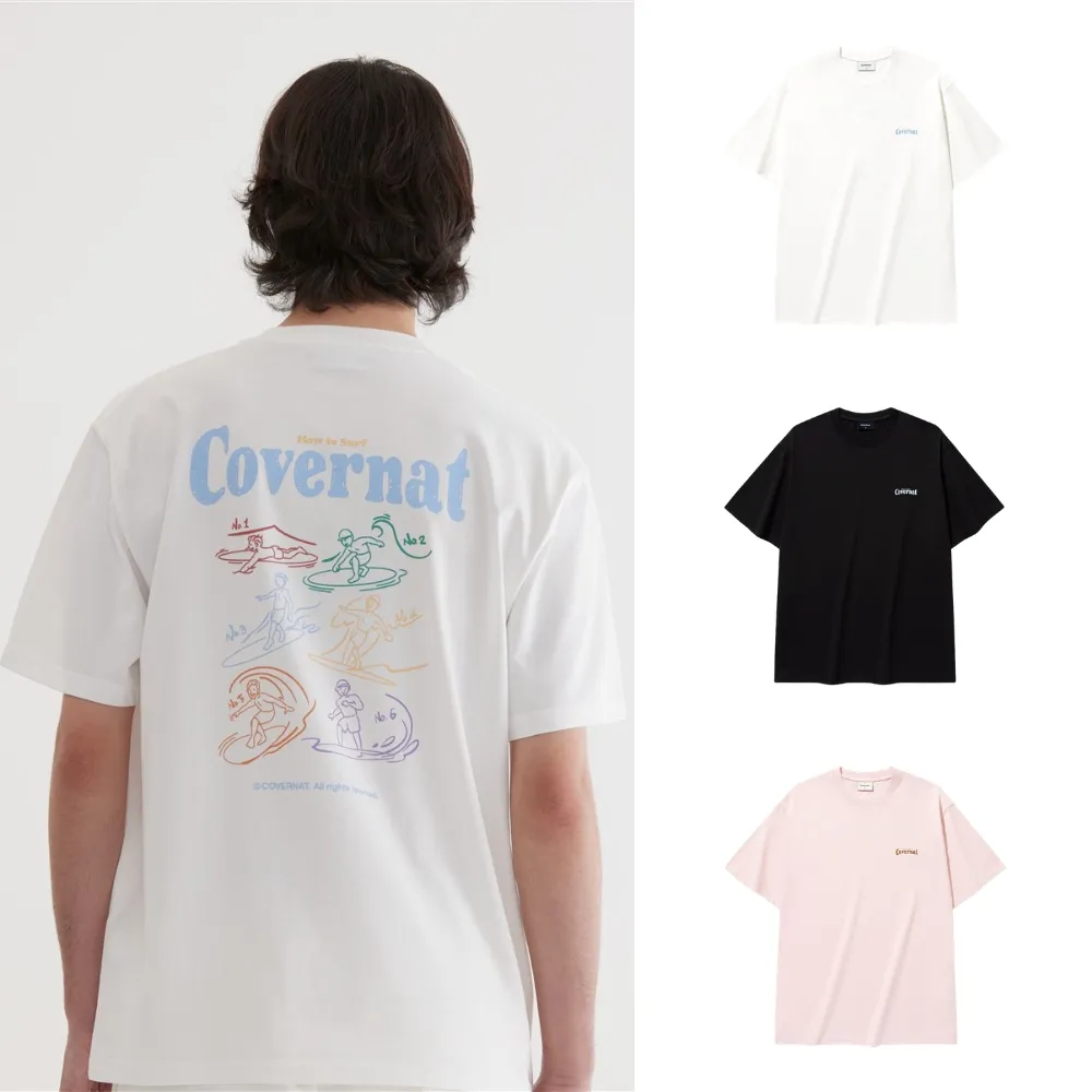 【COVERNAT】衝浪動作圖案短袖T恤(UNI短袖上衣 白/淺粉/全黑色)