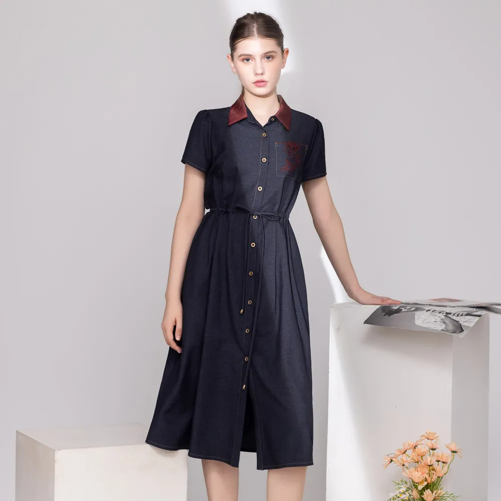 【I’Care 依卡】現貨-氣質撞色優雅收腰棉洋裝（M-L）｜棉洋裝 撞色洋裝 女休閒洋裝