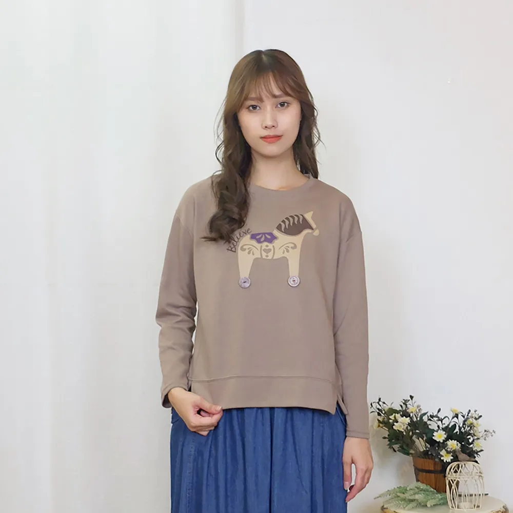 【Hana Mokuba】花木馬日系女裝圓領落肩色塊印花小開叉休閒大學T(T恤)