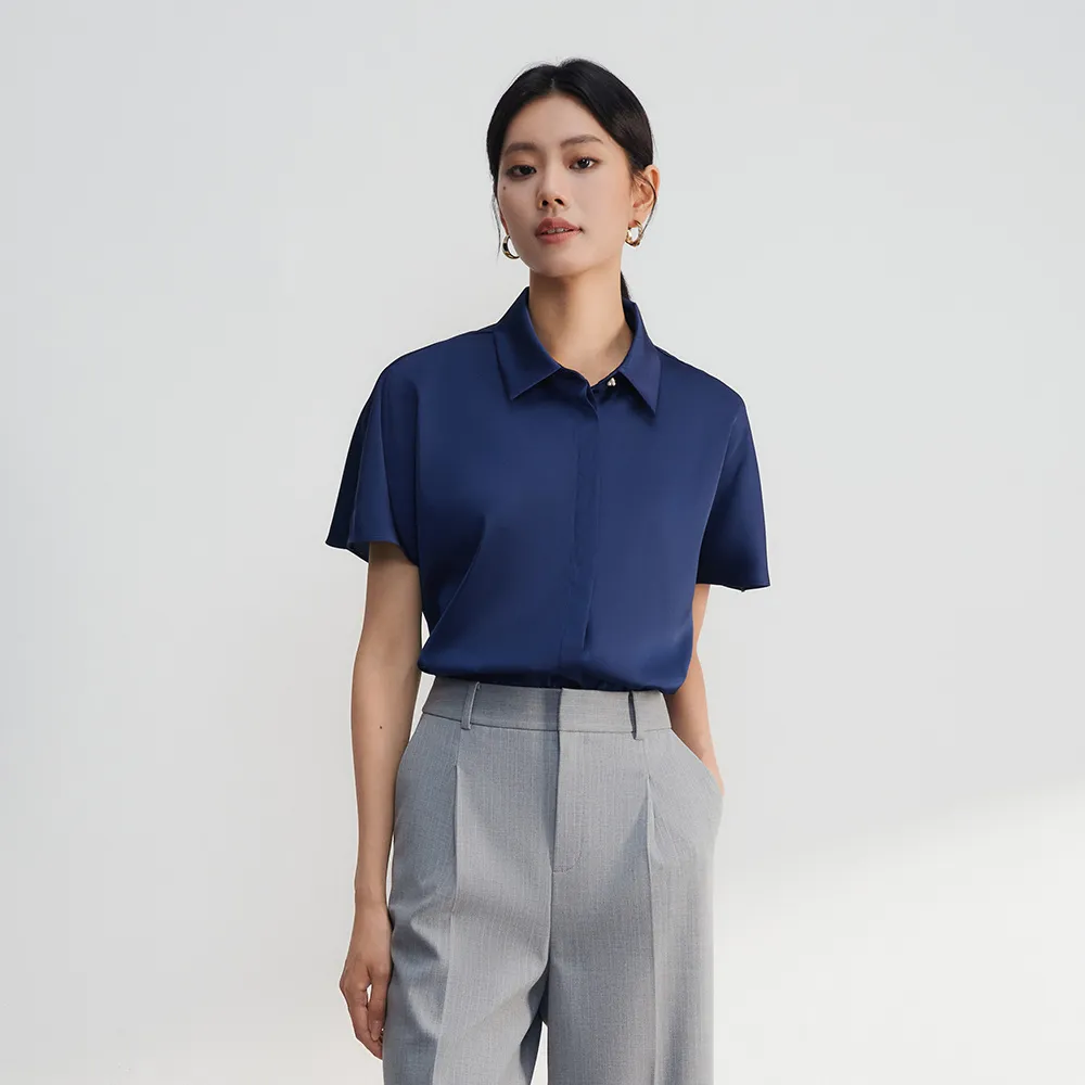 【G2000】女款 襯衫領短袖休閒上衣-藍色(4624141177)