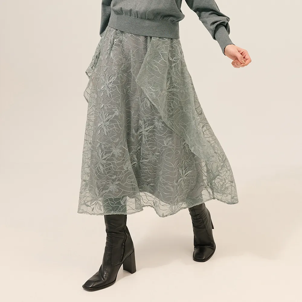 【ILEY 伊蕾】花朵刺繡亮片蕾絲網紗長裙(灰；M-XL；1253612203)
