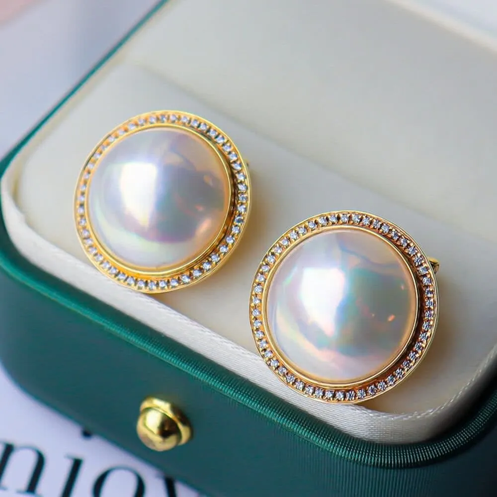 【La Corser】天然海水珍珠 14-15mm 馬貝珍珠 14K黃金 耳釘 半圓形 奢華典雅 優雅百搭耳環
