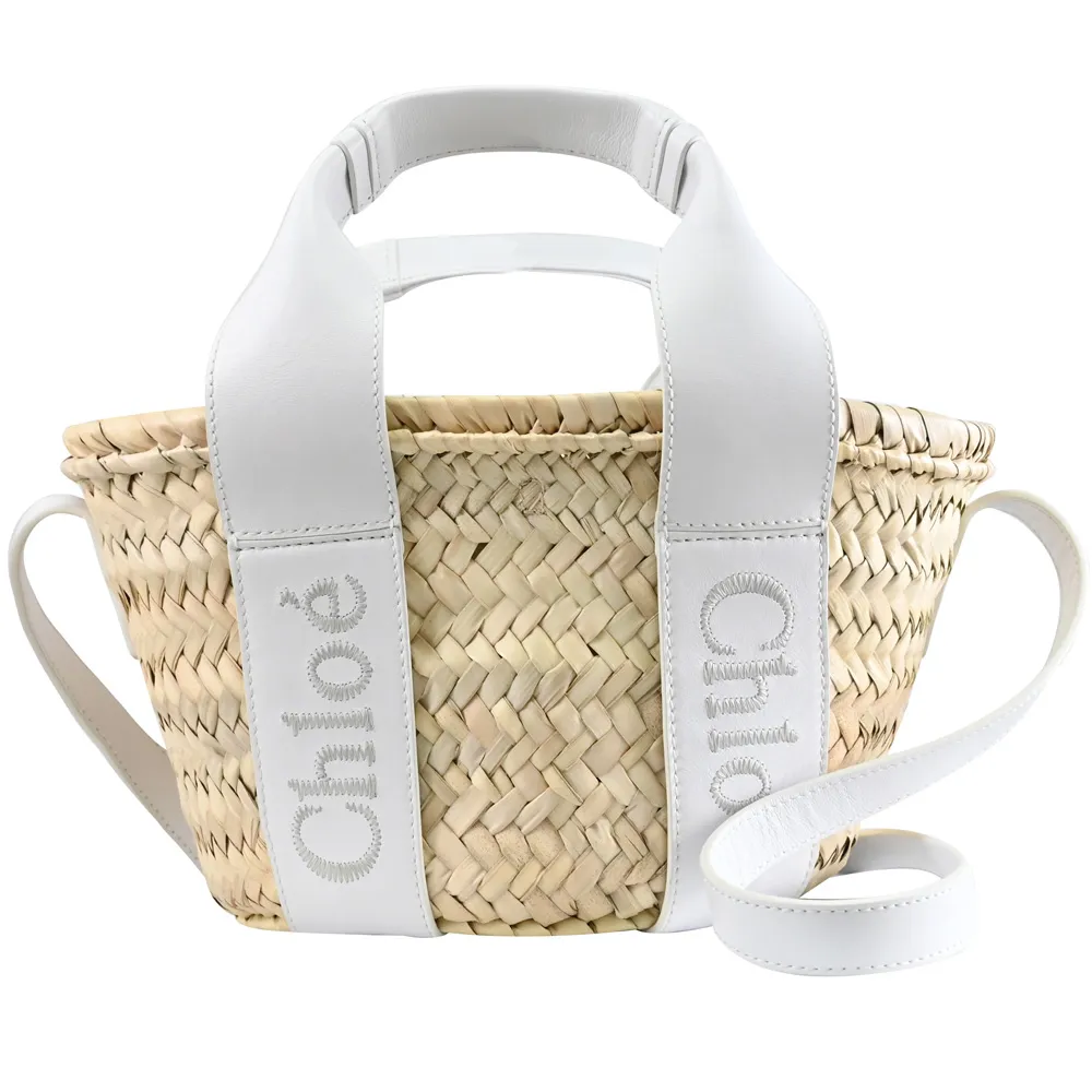 【Chloe’ 蔻依】Sense 經典電繡LOGO手提斜背兩用包草編包(白邊 小)