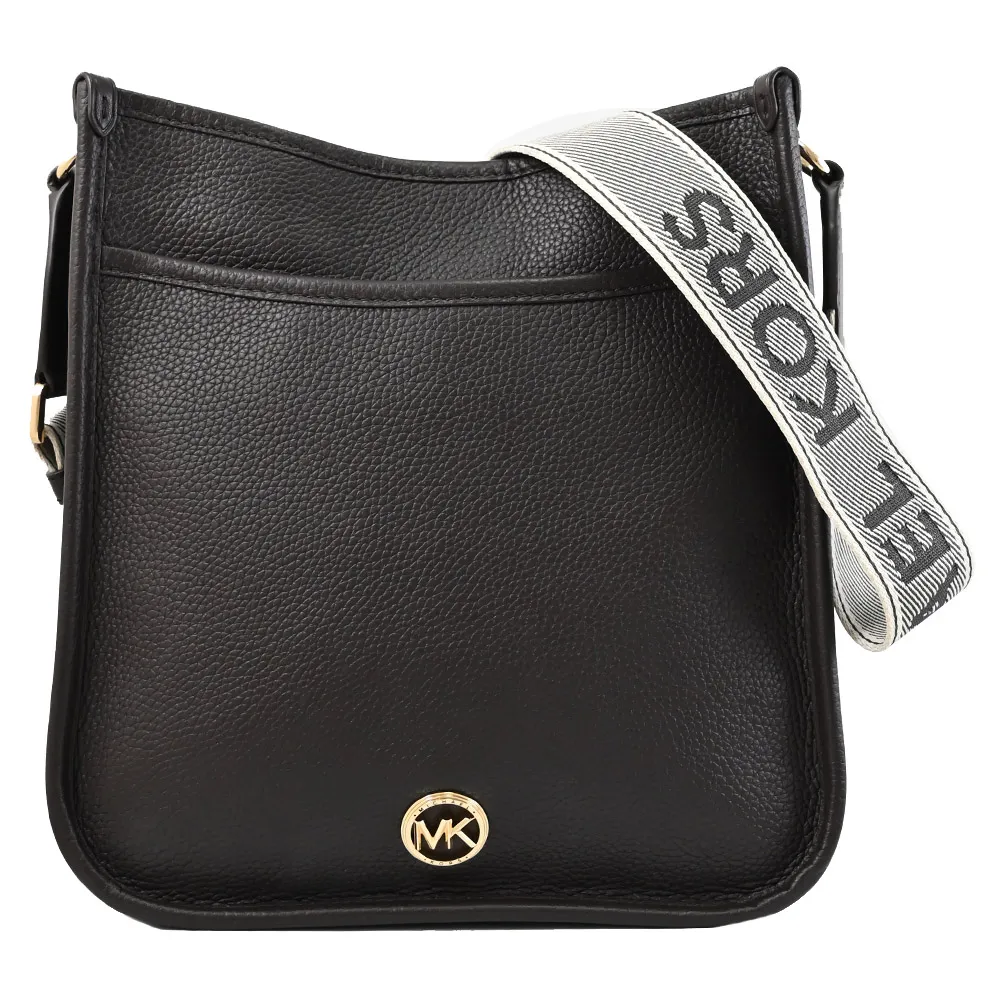 【Michael Kors】LUISA 簡約金屬LOGO荔枝皮革寬背帶直式斜背包(深咖)