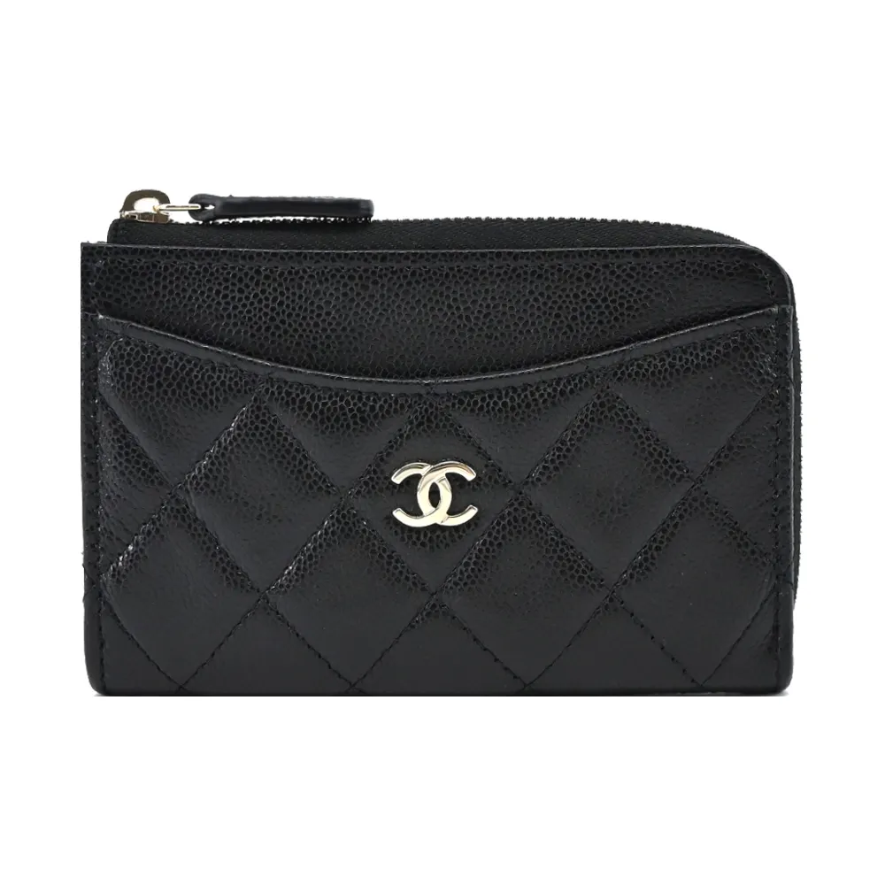 【CHANEL 香奈兒】經典LOGO粒紋小牛皮拉鍊卡片夾/零錢包(黑色)