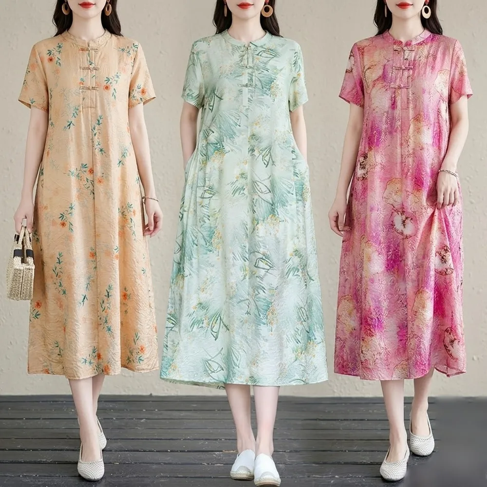 【巴黎精品】多款KC精品 連身洋裝印花連身裙長裙短袖A字裙子寬鬆顯瘦連衣裙大尺碼女裝(新中式盤扣k2bc33 A)