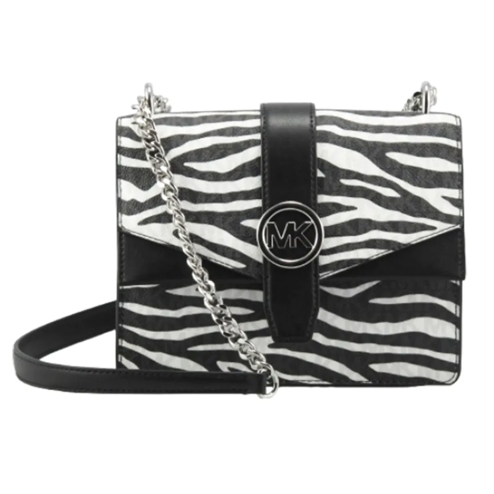 【Michael Kors】GREENWICH高雅獸紋金屬鍊帶上掀手提/肩背/斜背包35S5SGRC1V(黑白)