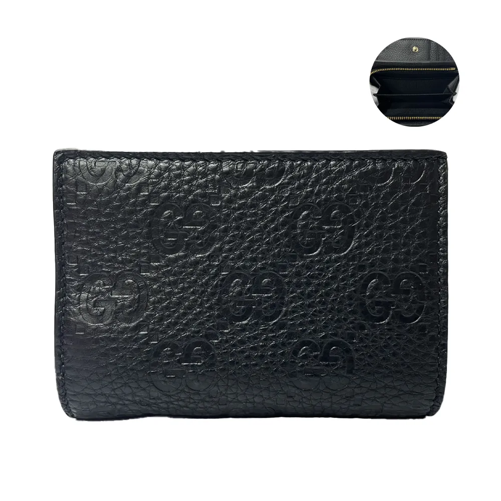 【GUCCI 古馳】815874 經典 GG Supreme系列壓紋皮革零錢短夾(黑色)