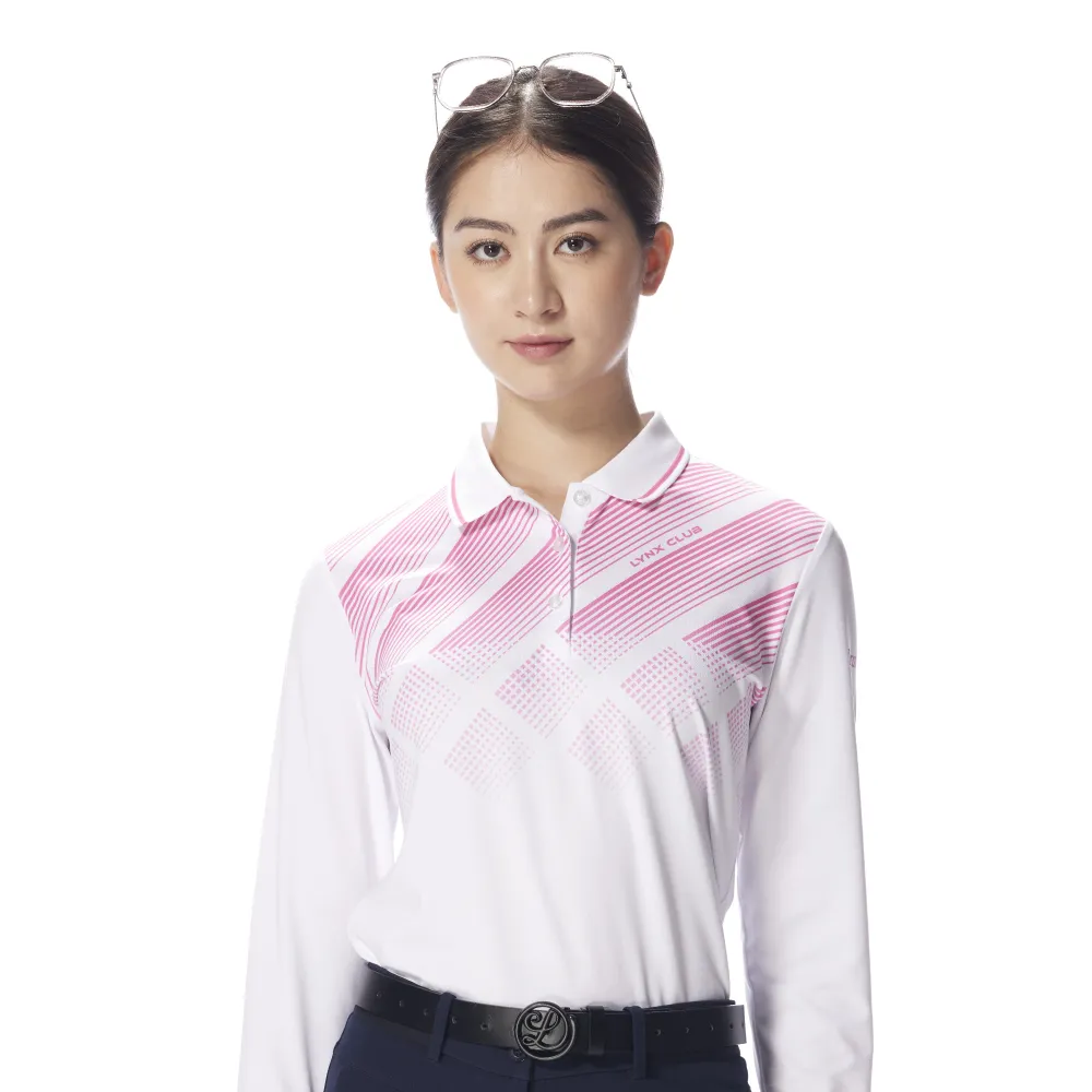 【Lynx Golf】女款吸濕排汗漸層菱紋配條羅紋領長袖POLO衫/高爾夫球衫-粉紅色