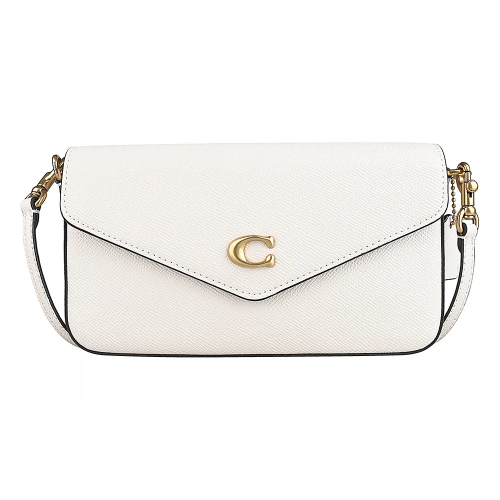 【COACH】COACH WYN經典金色C字LOGO十字紋皮革封蓋信封造型斜背包(白)