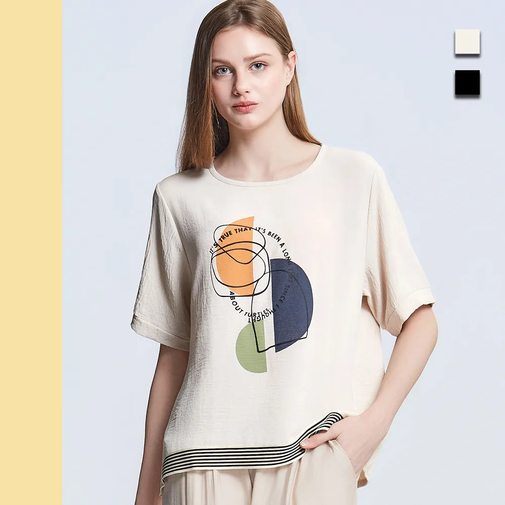 【Just Wear 佳葳】幾何印圖涼感上衣 2色(女上衣/女上著/短袖/微透膚/T恤/印花/圓領)