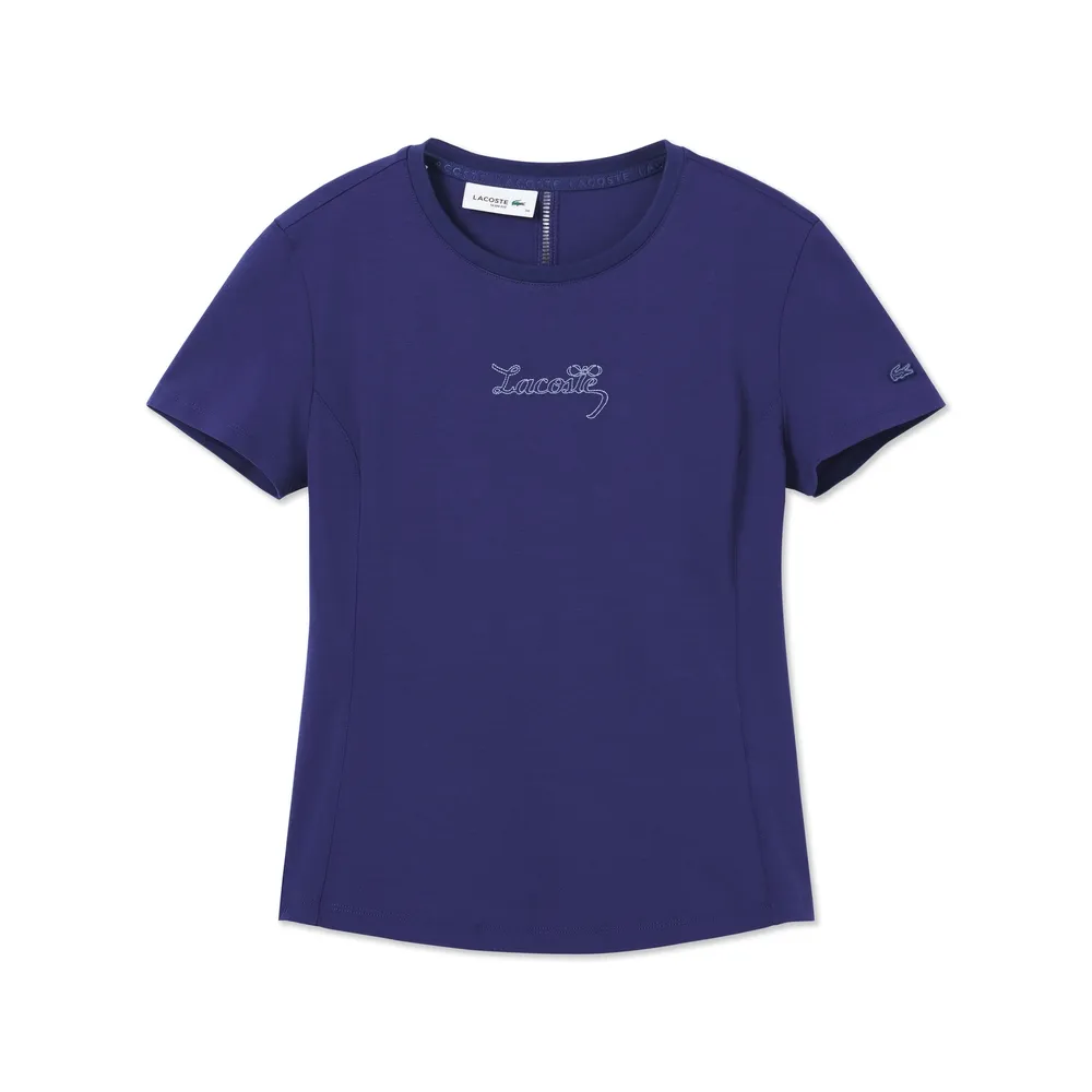 【LACOSTE】女款-以背影寫詩鏤空織帶修身短袖T(紫色)