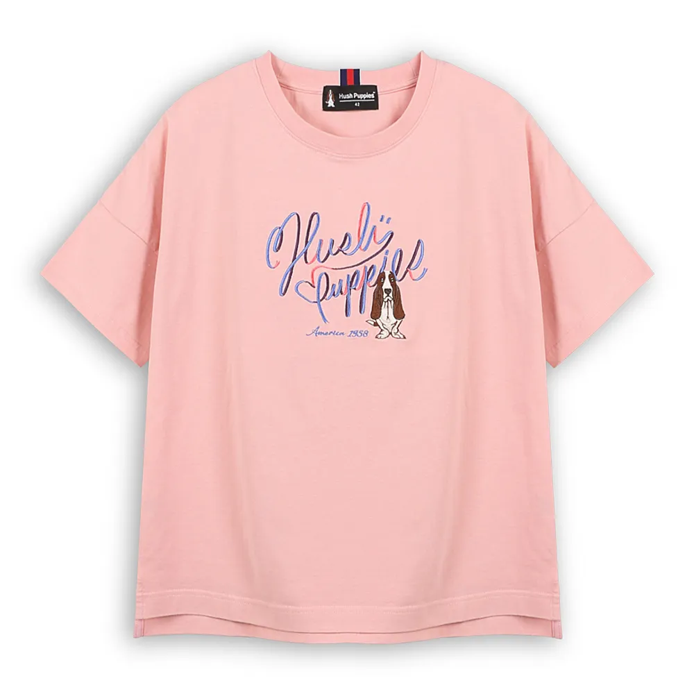 【Hush Puppies】女裝 POLO衫 配色品牌英文刺繡狗落肩上衣 (淺粉紅 / 63210103)