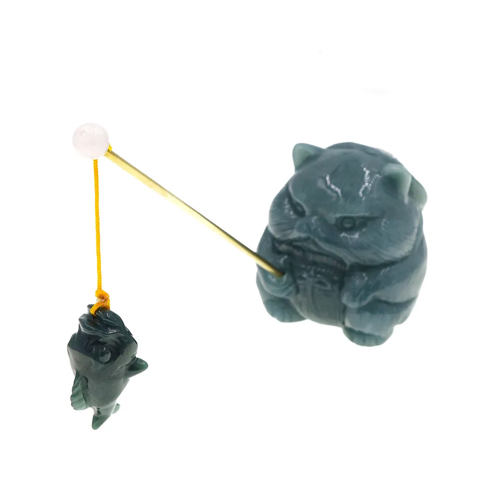 【喜緣玉品】狸貓 天然翡翠A貨 靈狸得魚 富貴盈門 風水擺設 擺件-僅此一品(開運風水)(直)
