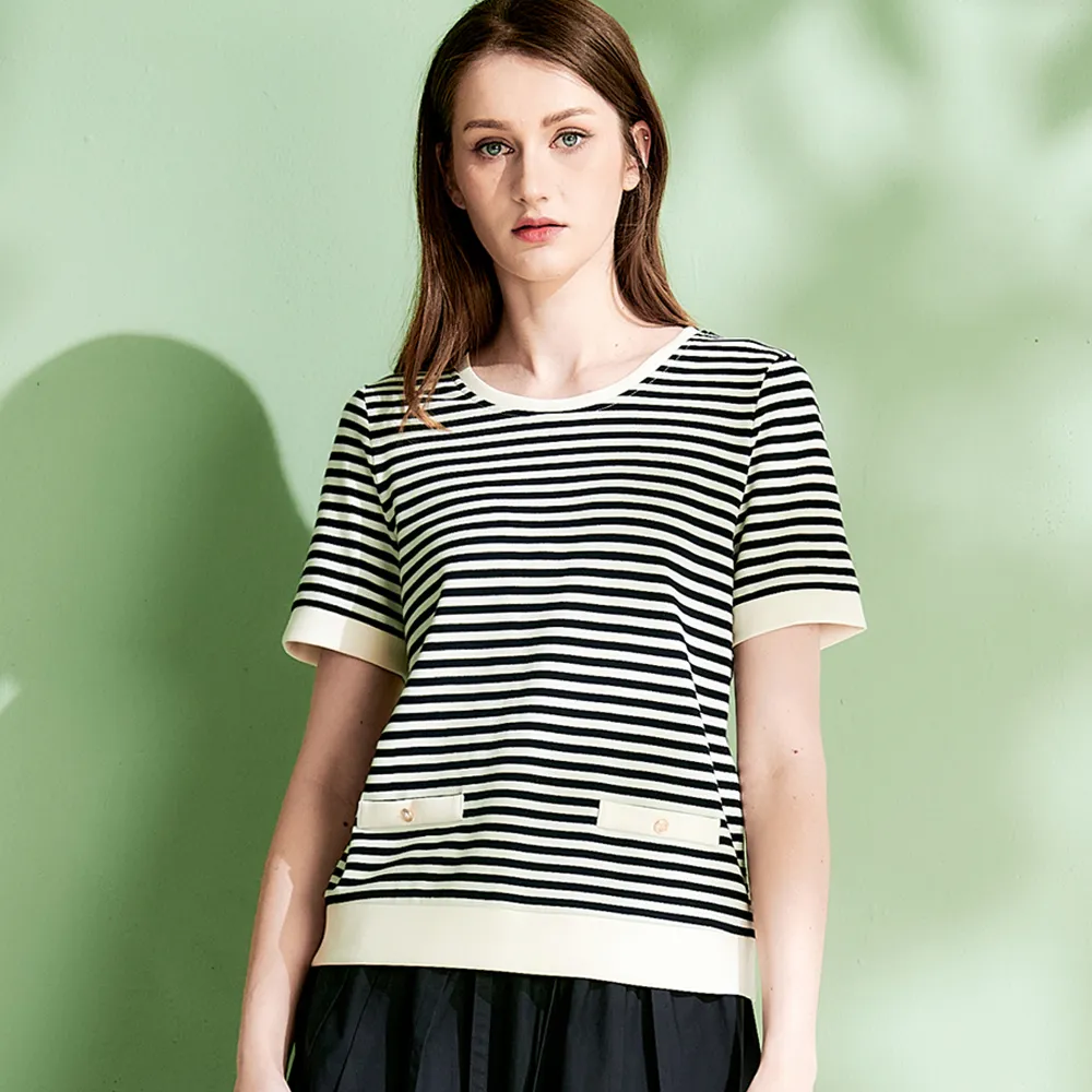 【TOWN’WEAR 棠葳】休閒釦飾條紋上衣(中大尺碼/女上衣/女上著/短袖/棉質/撞色)