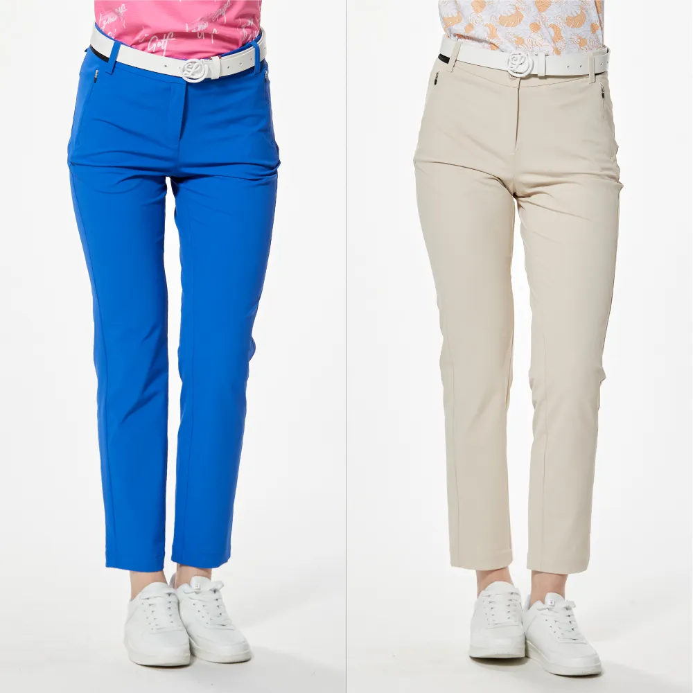 【Lynx Golf】女款吸濕排汗四面彈性剪接壓紋織帶後腰LOGO印花造型隱形拉鍊口袋窄管九分褲(二色)