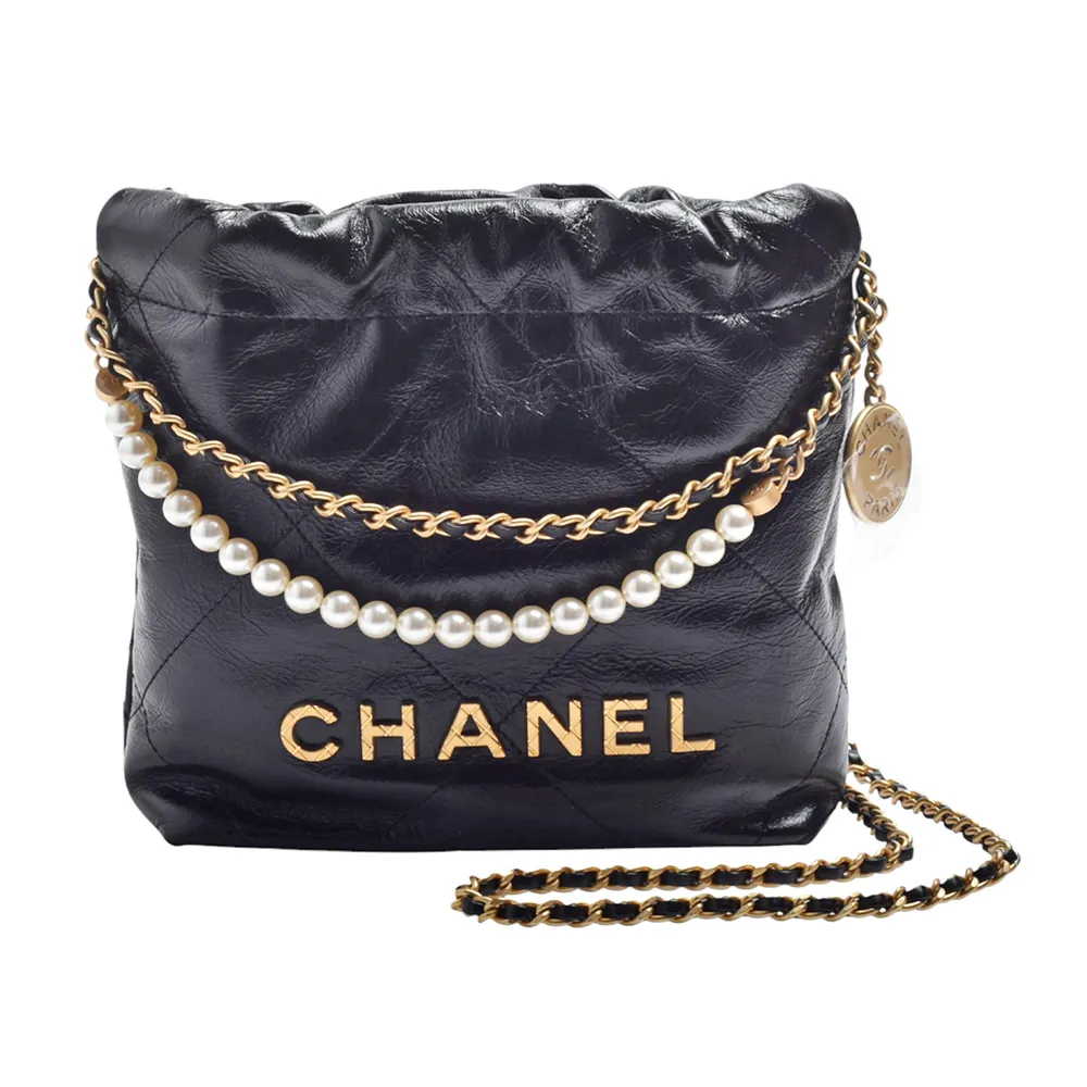 【CHANEL 香奈兒】經典22系列仿舊LOGO菱格紋小牛皮珍珠提把手提/斜背包(迷你-黑色)『entrupy安心購』