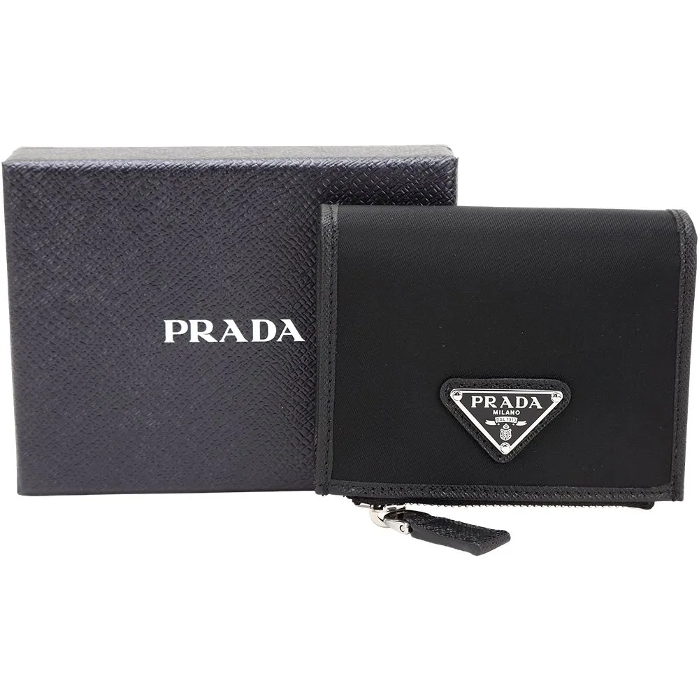 【PRADA 普拉達】Saffiano 三角牌防刮牛皮x尼龍 釦式皮夾 卡片夾 零錢包(黑色)