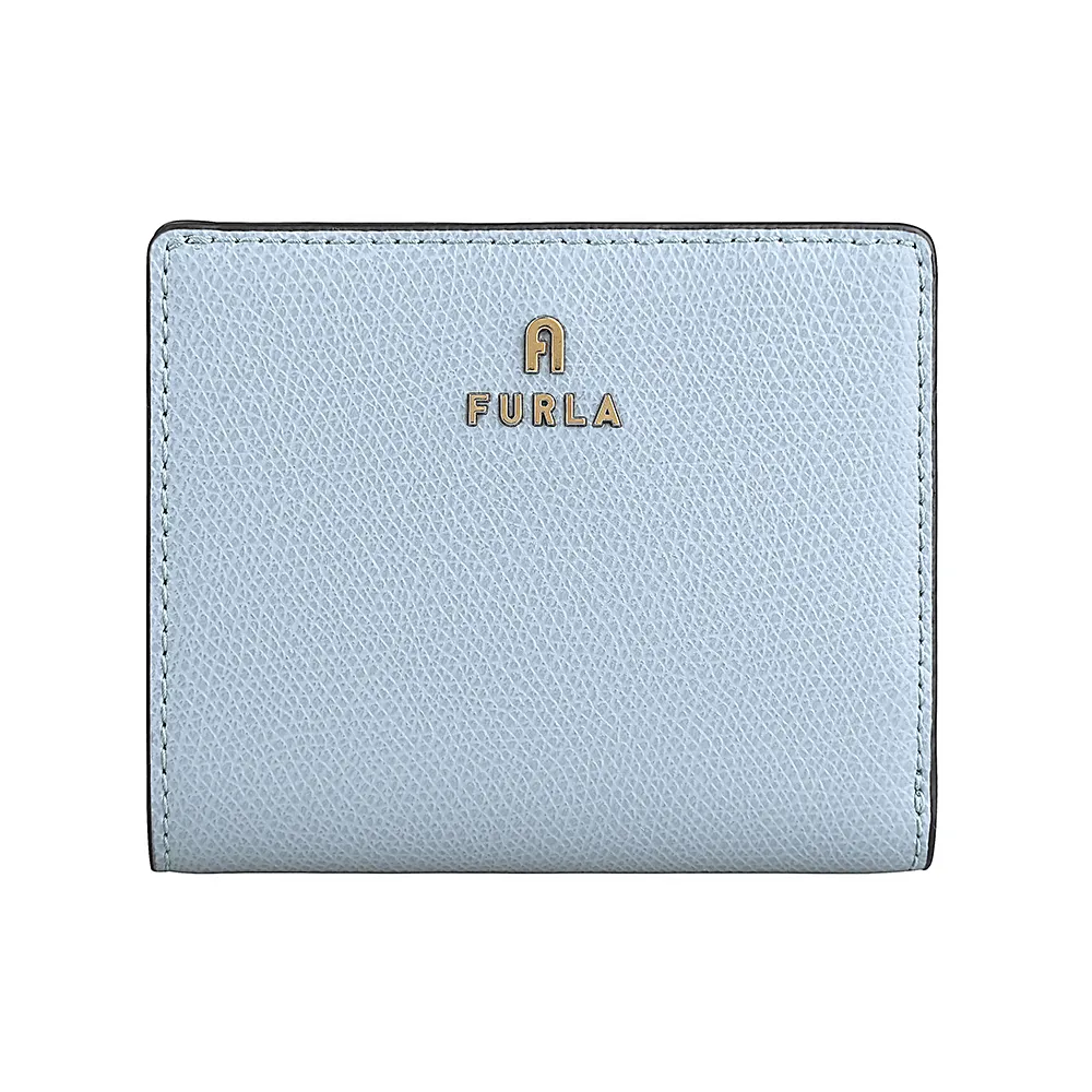 【FURLA 芙拉】FURLA 雷雕鍍金字LOGO Camelia系列小牛皮4卡按釦式零錢短夾(灰藍x水晶白)