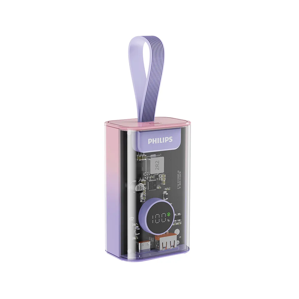 【Philips 飛利浦】獨家DLP5715C 10000mAh 22.5W透明工業美學行動電源(掛繩設計/急速滿電/36Wh_具Wh標示)