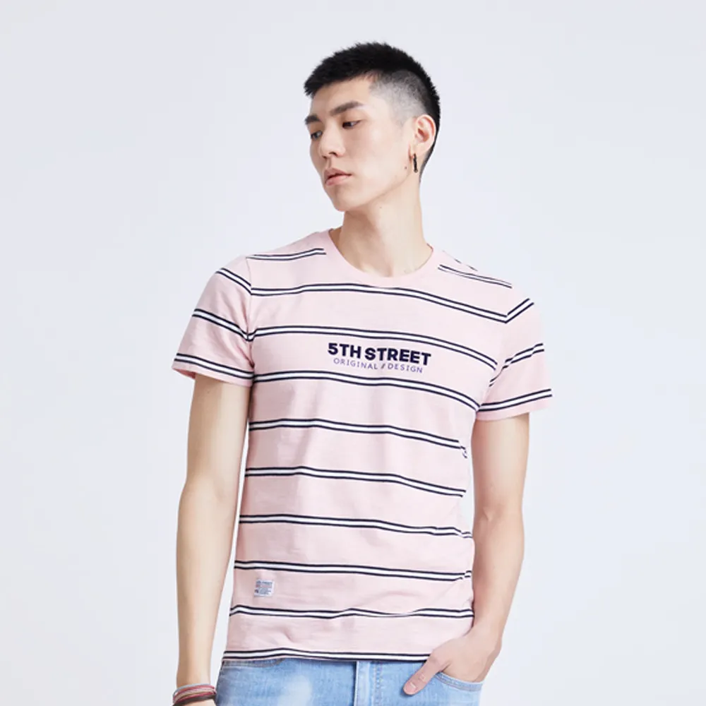【5th STREET】雙11 中性 短袖 短t 上衣 t恤 TEE logo 條紋 棉質 粉紅(570863)
