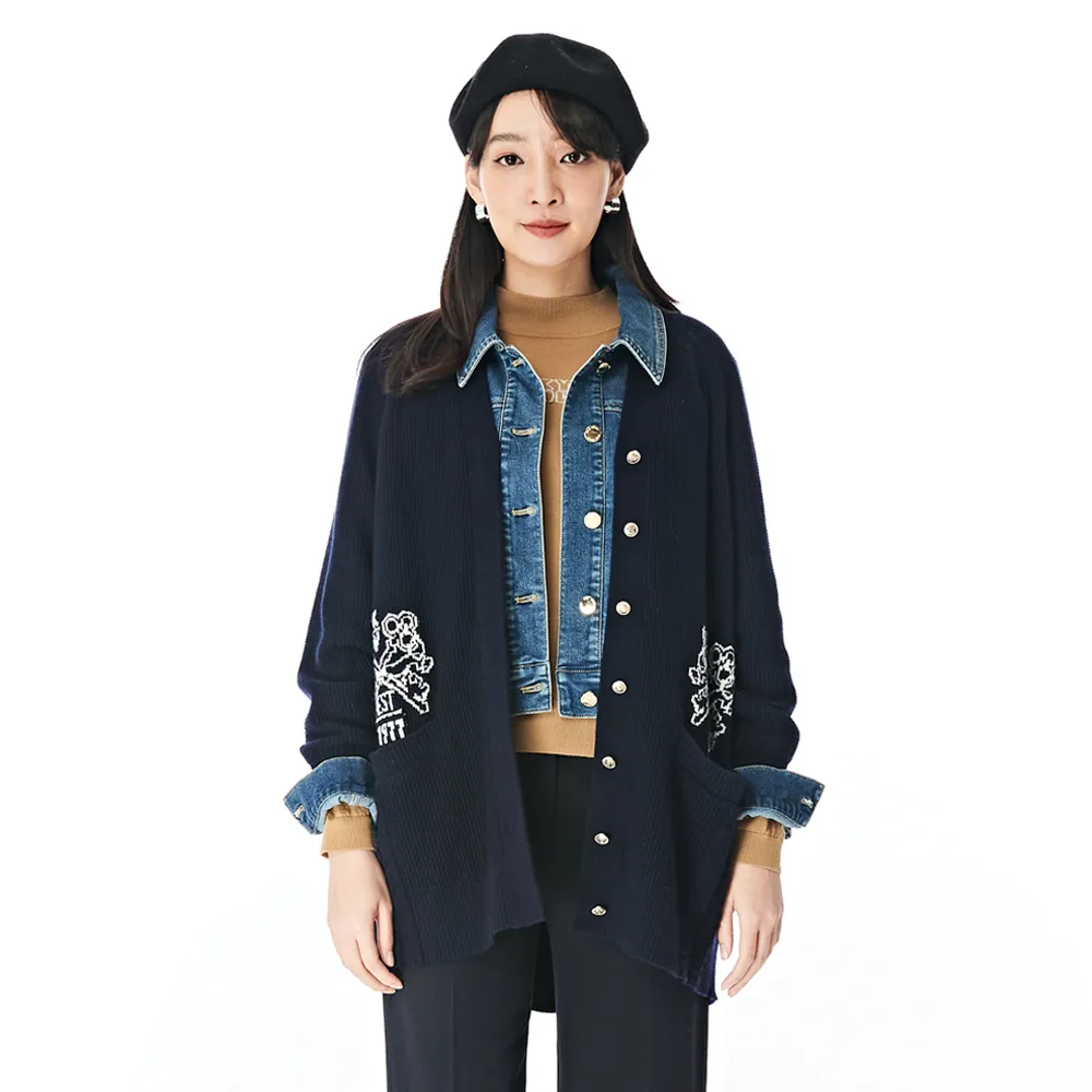 【KeyWear 奇威名品】緹花圖案寬鬆針織外套