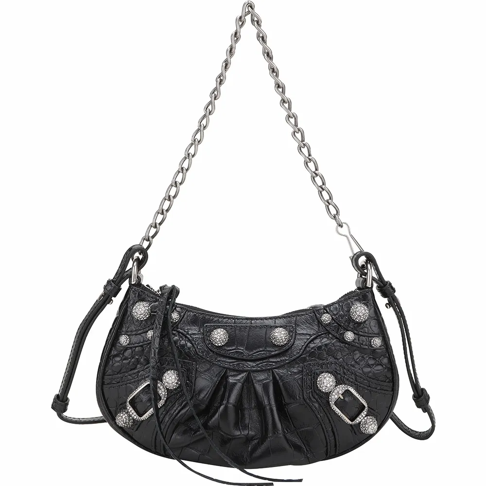 【Balenciaga 巴黎世家】Le Cagole 鑽飾鉚釘鱷魚紋壓花小牛皮迷你可頌包-黑色(斜背包 鏈帶包 可頌包)