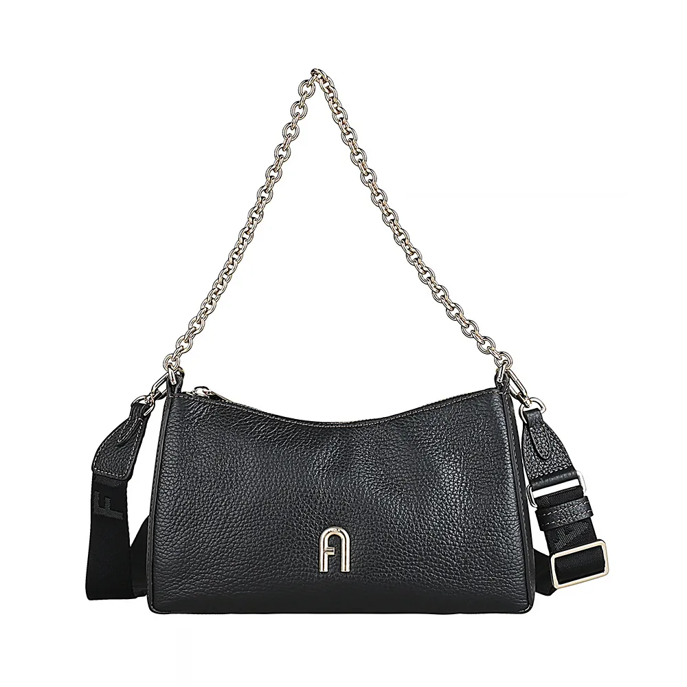 【FURLA 芙拉】FURLA PRIMULA經典拱門壓印金字LOGO粒面紋牛皮拉鍊手提斜背包(迷你/黑)