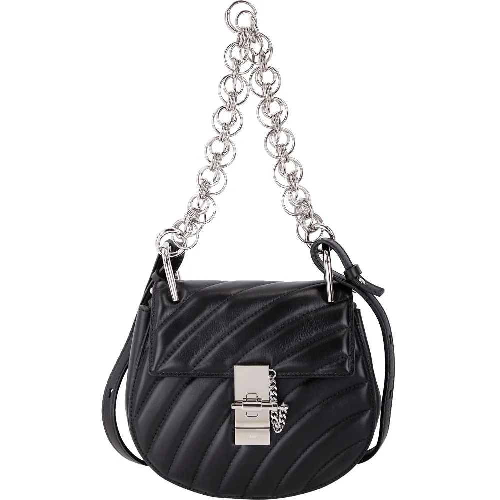 【Chloe’ 蔻依】Drew Bijou Mini 絎縫小牛皮銀釦鍊帶小豬包-黑色