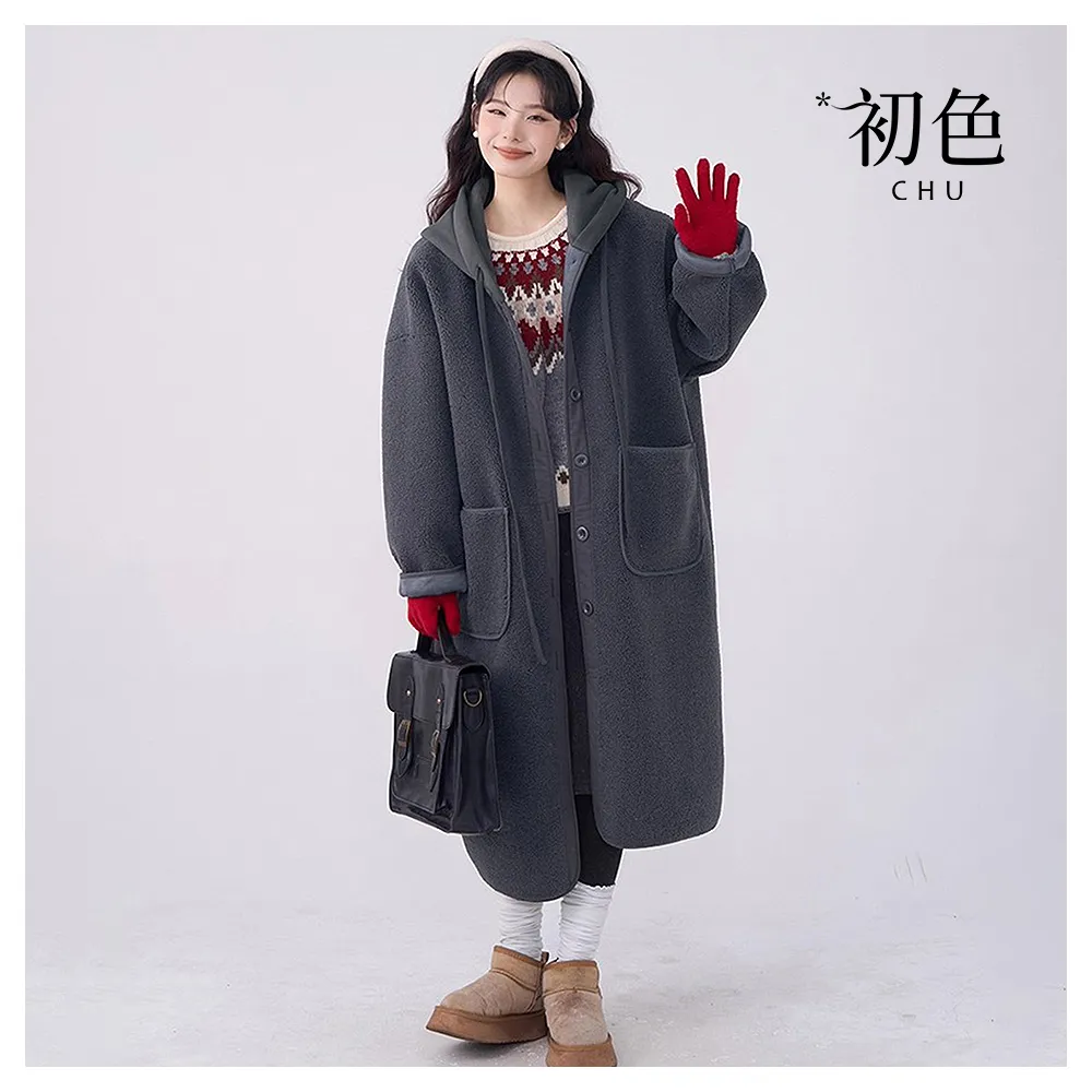 【初色】休閒寬鬆加厚羊羔質感排扣式連帽落肩長袖大衣外套女外套-共2色-17788(L/XL可選)