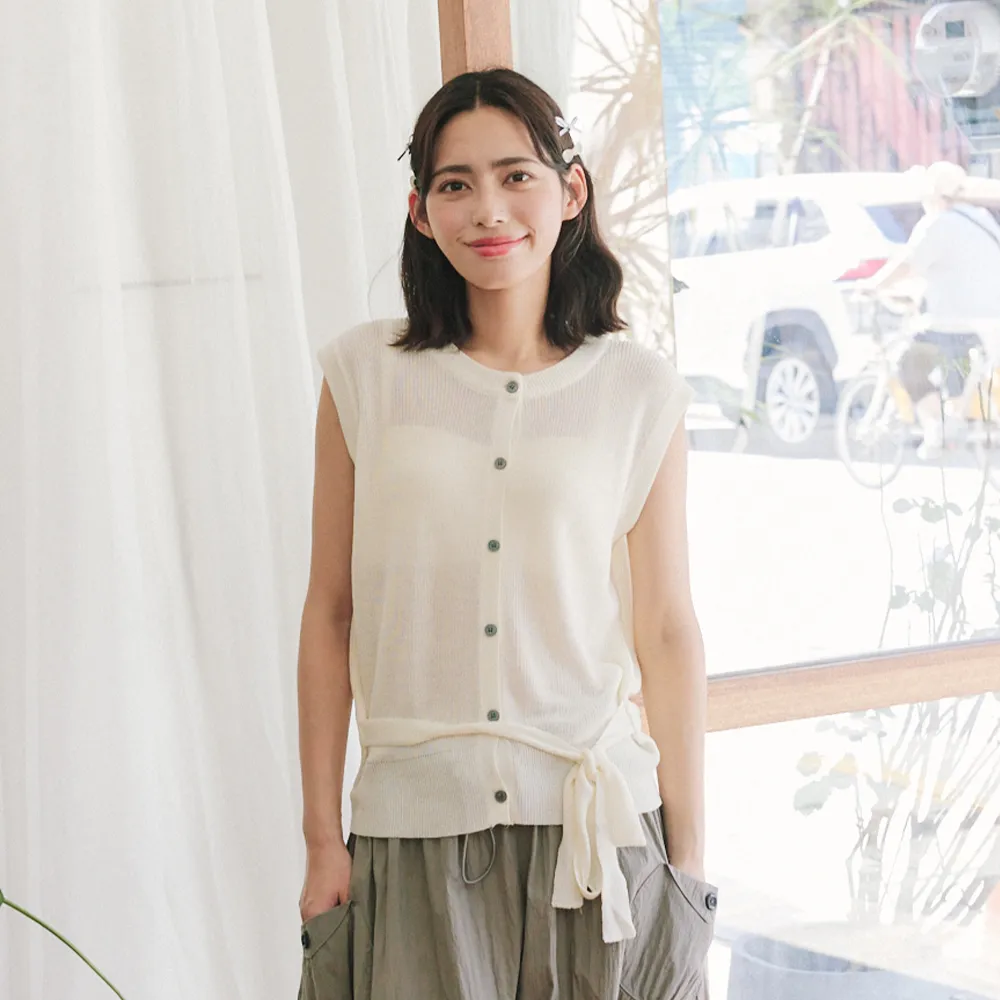 【Dailo】側腰綁帶開襟式無袖針織背心(藍 杏 黃/魅力商品)